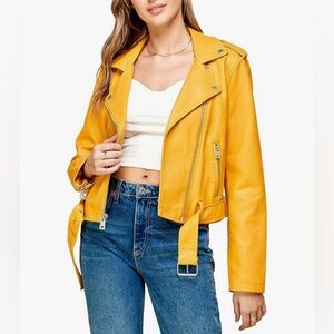 Faux Leather Zip Up Moto Biker Jacket -mustard
